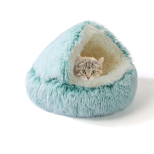 Katzenbett, Höhlen, flauschiges Katzenkissen mit Kapuze für den Innenbereich, Plüsch-Haustierhaus, gemütliches Haustier-Schlafhöhle, warmes Kätzchennest, Donut-beruhigendes Bett mit rutschfester von XIEMINLE