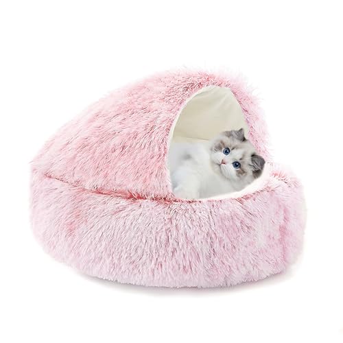 Katzenbett, flauschig, mit Kapuze, Katzenhöhle für den Innenbereich, Plüsch-Schlafbett, Höhle, maschinenwaschbar, Haustier-Schlafkissen, beruhigendes Kätzchennest mit rutschfester Unterseite (40 x 40 von XIEMINLE