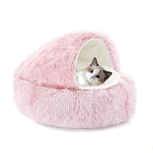 Katzenbett mit Kapuze, flauschig, Anti-Angst, Haustierbett, Donut-Katzennest, kleine Haustier-Schlafhöhle, Plüsch, Kätzchen-Höhlen, Schlafsack mit rutschfester Unterseite für Kätzchen (60 x 60 x 20 cm von XIEMINLE