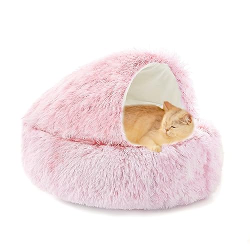 Katzenhöhle für den Innenbereich, Anti-Angst, flauschiges Donut-Katzenbett, mit Kapuze, Haustierbett, Plüsch, rund, maschinenwaschbar, Kätzchenhöhle mit rutschfester Unterseite (60 x 60 x 20 cm, Rosa) von XIEMINLE