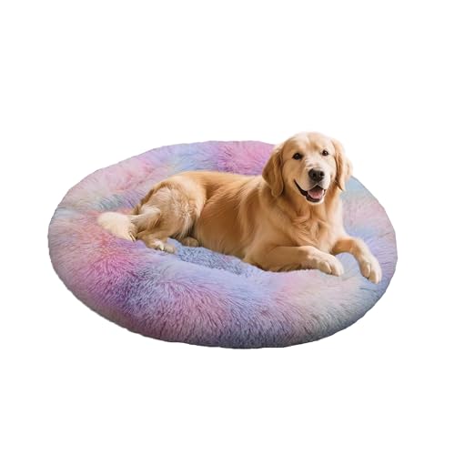 XIEMINLE Beruhigendes Donut-Hundebett, flauschig, Anti-Angst, waschbar, für Hunde und Katzen, Plüschkissen, rund, Katzenmatte, warme Welpenmatratze mit rutschfester Unterseite (90 cm, mehrfarbig) von XIEMINLE