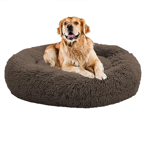 XIEMINLE Beruhigendes Donut-Welpenbett, für Zuhause, Welpen, rund, Plüsch, waschbar, Hundesofa, Bett, Haustierkissen für kleine/mittelgroße Hunde, Katzen, Hundekissenkorb, 100 cm, Kaffee von XIEMINLE