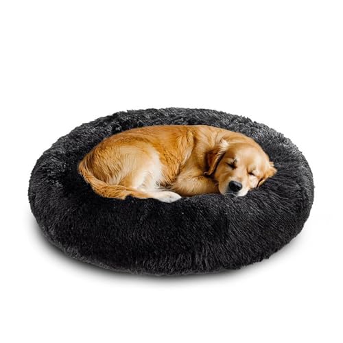 XIEMINLE Donut großes Hundebett, rund, beruhigend, Anti-Angst, Haustierbett, weich, waschbar, Hunde- und Katzenkissen, flauschig, warm, Plüsch-Welpenmatte mit rutschfester Unterseite (90 cm, Schwarz) von XIEMINLE