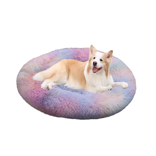 XIEMINLE Hundebett, flauschig, Anti-Angst, weiches Donut-Hundekissen, gemütlich, rund, maschinenwaschbar, Welpenkorb, warme Welpenmatte mit rutschfester Unterseite (90 cm, mehrfarbig) von XIEMINLE