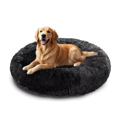 XIEMINLE Hundebett aus Plüsch, selbstwärmend, maschinenwaschbar, großes Donut-Haustierbett, runde Welpenmatratze, beruhigende Welpenmatte mit rutschfester Unterseite (90 cm, Schwarz) von XIEMINLE