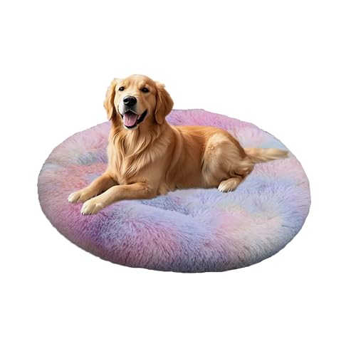 XIEMINLE Hundebett aus Plüsch, selbstwärmend, maschinenwaschbar, großes Donut-Haustierbett, runde Welpenmatratze, beruhigende Welpenmatte mit rutschfester Unterseite (90 cm, mehrfarbig) von XIEMINLE