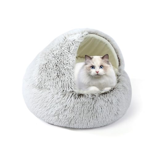 XIEMINLE Katzenbett mit Kapuze, rundes Haustier-Schlafkissen, maschinenwaschbar, Katzenbett, Höhle, beruhigende Haustierhöhle, Plüsch, Donut-Kuschelnest mit rutschfester Unterseite, für Welpen und von XIEMINLE