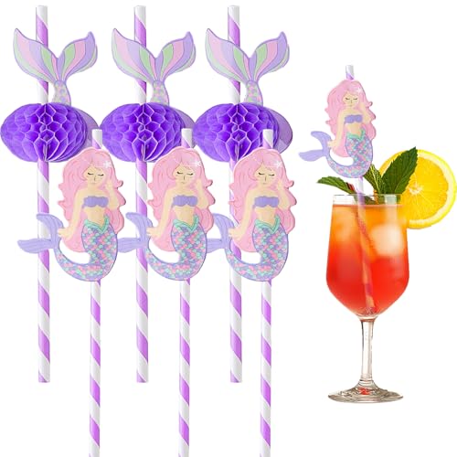 XIEXIESHER 3D Meerjungfrau Strohhalme, 50 Stück Meerjungfrau Kinderstrohhalme, Biologisch Abbaubar, Sommerparty Getränkedekoration für kalte Getränke, Smoothies, für Children's Birthday Party von XIEXIESHER