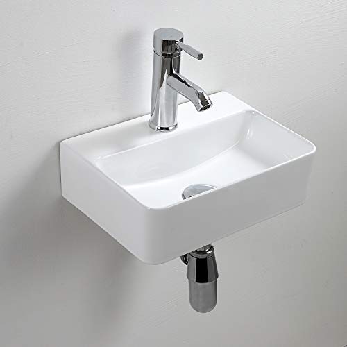 Weißes Keramik-Waschbecken, rechteckig, kompaktes Waschbecken, Wandmontage, für kleine Garderobe, Badezimmer, 365 x 250 x 105 mm (Stil1) von XIFIRY