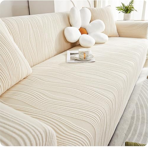 XIFUHUI Stretch Sofa Überzug 1 2 3 4 Sitzer,rutschfest Mit Armlehne Universal Jacquard Sofabezug, Dicke Sofabezug Für Hunde Katzen Und Haustiere,Multi-Size Sofa Sitzkissenbezug(A-Cream,235-300cm) von XIFUHUI