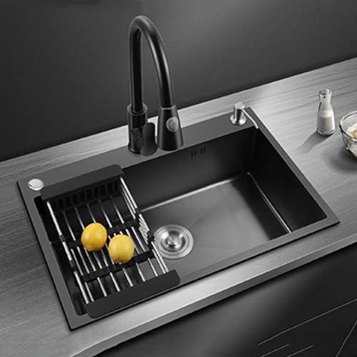 Küchenspüle, schwarze Edelstahlspüle mit ausziehbarer Mischbrause, 360° schwenkbar, mit diversem Zubehör(Size:60 * 45cm) von XIGOUZIQU