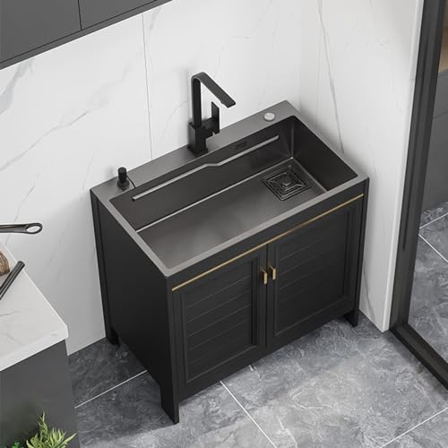 Küchenspüle mit quadratischem Wasserhahn Spüle, Edelstahl One Piece Cabinet Spüle, schwarz, 60 * 45CM, for Outdoor, Balkon, Küche.(Size:68 * 45cm) von XIGOUZIQU