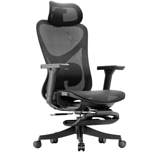 XIGOUZIQU Ergonomischer Netzstuhl Computerstuh Home Office Chair mitVerstellbarerKopfstütze,Armlehnen,Lendenwirbelstütze,Drehstuhl Wippfunktion, for gesundes Sitzen(Black1) von XIGOUZIQU