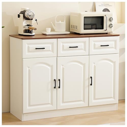 XIGOUZIQU Modernes Bauernhaus-Sideboard, Buffetschrank, Buffet-Aufbewahrungsschrank mit Schubladen, TV-Ständer, Holz-Kaffeebar mit Stauraum for Küche, Esszimmer, Wohnzimmer, Weiß(A,120cm/47.24in) von XIGOUZIQU