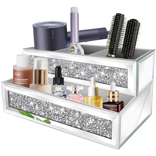 XIHACTY Spiegel-Haartrockner-Halter, Kristall-Crush-Diamant-Haar-Werkzeug-Organizer, Wandhalterung, Silberfarbenes Badezimmerschrank-Tablett für Föhne, -C F J H (26,7 x 17,8 x 12,7 cm) von XIHACTY