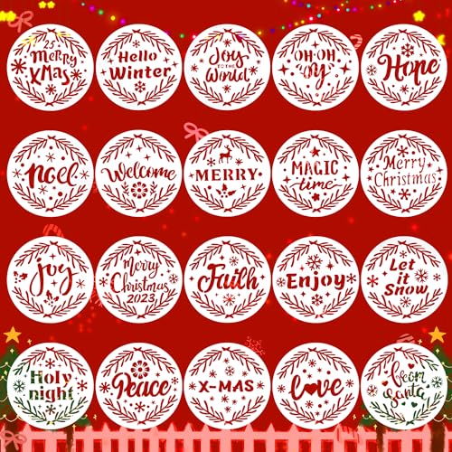 20stk Weihnachten Schablonen zum Malen auf Holz, 7,6x7,6cm Klein Wiederverwendbar Schablone Frohe Weihnachten Rund Schablonen zum Malen Basteln Stoff Wand Karten Fenster von XIHIRCD