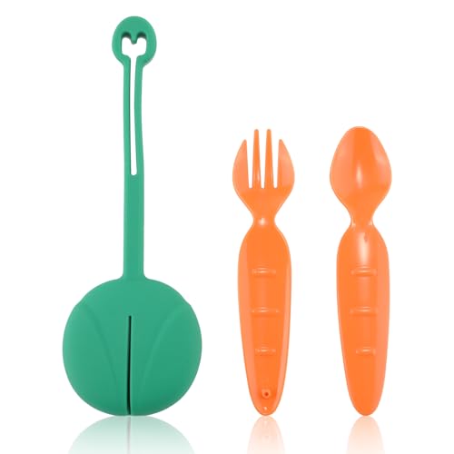 3stk Besteckset, Besteck Set Kinder mit Box Wiederverwendbares Besteckset Tragbare Plastikgabel und Löffel für Kinderpicknick Schule Mittagessen (Orange Grün) von XIHIRCD