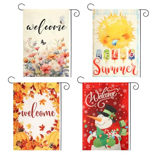 4 Stück Saisonale Gartenflagge, 30 x 45 cm Doppelseitig Saisonale Hausflaggen Frühling Sommer Herbst Winter Hallo Gartenflagge Blumenbanner für Draußen Auf dem Land Dekoration von XIHIRCD