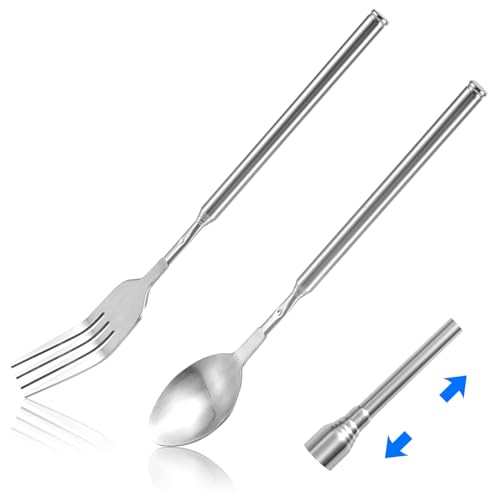 Ausziehbare Löffelgabel, lange Gabel Edelstahl Teleskopgabel Löffel-Set Verlängerung Tafelgabel Erweiterbare Verlängerung Gabel Löffel Lässt Sich Auf Geschirr für Grillfrüchte Ausziehen von XIHIRCD