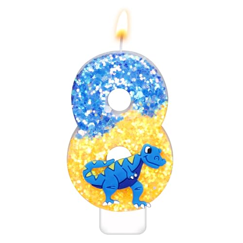 Dinosaurier Kerzen Geburtstag, 7,3cm Zahlen Geburtstagskerzen Pailletten-Kuchenaufsatz Kerze 3D-Zahlenkerze für Dinosaurier-Mottoparty-Geburtstagsdekorationszubehör(Nummer 8) von XIHIRCD