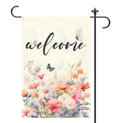 Frühlings Garten Flagge, 30x45cm Willkommen Flagge Frühlings Yard Flagge Doppelseitig Saisonal Schmetterling Blühende Blume Frühlings Haus Flagge für die Außendekoration (Kein Flaggenständer) von XIHIRCD