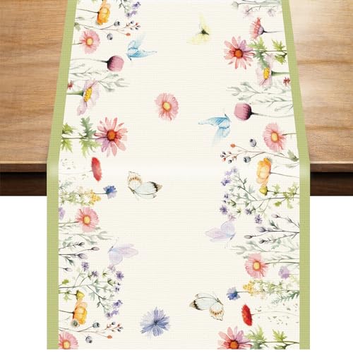 Frühlings Tischläufer, 33x183cm Saisonale Bunte Blumen Tischläufer Dekorationen Frühlings Tischdecke Oster Tischläufer für Urlaub Küche Zuhause Party Dekoration von XIHIRCD