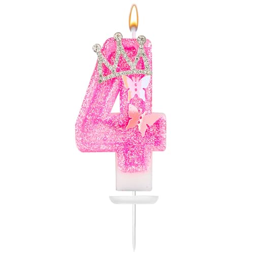 Geburtstag Nummer Kerzen, 7,3cm Rosa Glitzerzahlenkerzen Mit Schmetterling Und Strasskrone Geburtstagszahlenkerzen Perfekte Geburtstags- Und Jubiläumsdekoration(Zahl 4) von XIHIRCD