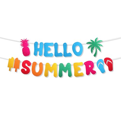 Hello Summer Banner, Glitzerndes Sommerbanner Vormontierte Bunte Sommerparty Dekorationen Ananas Kokosnuss Sommerparty Heimdekoration für Zuhause Büro Gartendekoration von XIHIRCD