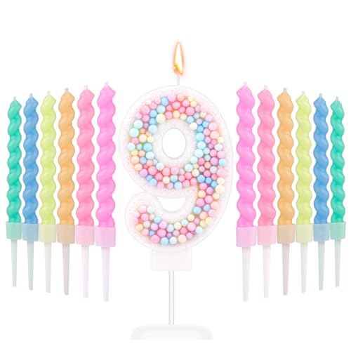Macaron Zahlen-Geburtstagskerzen, Süß Zahlenkerzen mit 12 Regenbogen-Spiralkerzen Bonbonfarbe Tortenaufsatzkerze für Jahrestage Geburtstagsfeiern Hochzeiten Jungen Mädchen (9) von XIHIRCD