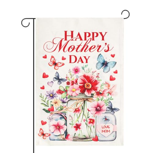 Muttertags-Gartenflagge, 30x45cm Doppelseitig Happy Mothers Day Gartenschild Willkommen Mama Einmachglas Blumenblume Gartenflaggen für Frühling Draußen Feiertag Haus Dekoration Geschenk von XIHIRCD