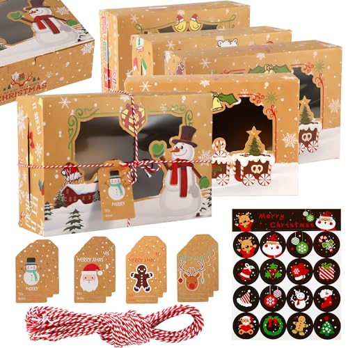 XIHIRCD 12stk Keksdose Weihnachten mit Fenster, Niedlich Groß Weihnachtsgeschenkboxen mit DIY-Geschenkanhängern und Seil Kraftpapier Weihnachts Bäckerei Süßigkeiten Geschenk Schachteln von XIHIRCD