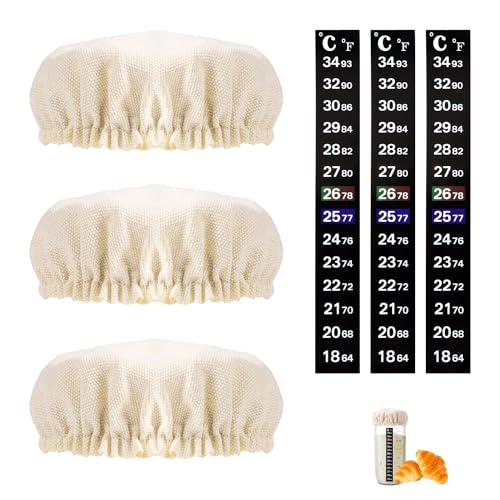 XIHIRCD 3 Sätze Ersatz Sauerteig Starter Set für Gläser, Inklusive Stoff Deckel Gläser & Thermometer Streifen Brotschutzabdeckung für 7,62-10,16cm Große Glasmündung Backzubehör für Die Brotgärung von XIHIRCD