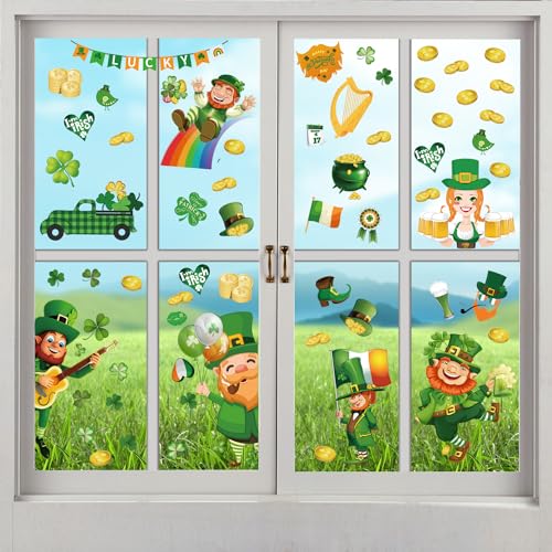 9 Blatt/181stk St. Patrick's Day Fensteraufkleber, Doppelseitig Kleeblatt-Fensteraufkleber Irischer Stil Münze Zwerg Kofferraum Dekor für Glas Tür Feiertagsparty Dekoration von XIHIRCD