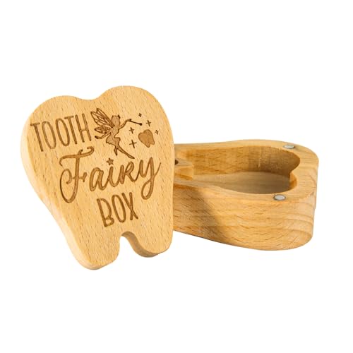 Zahnfee-Box, Hölzerne Zahn Andenkenbox Magnetischer Zahnhalter Niedliche Erste Zahn-Aufbewahrungsbox Zahnform Geburtstags-Souvenir-Geschenk für Verlorene Zähne (Klassischer Stil) von XIHIRCD