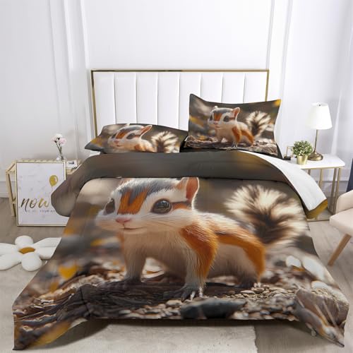 XIICOO Bettdecke Set Hand gezeichneten Stil Chipmunks Bettwäsche Cute Chipmunks Thema | 1 Bettdecke + 2 Kissenbezüge(3Pcs) Oder Spannbettlaken (4Pcs) (A,SINGLE-4PCS) von XIICOO