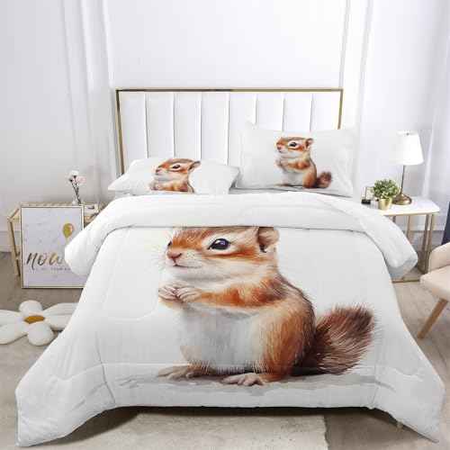 XIICOO Bettdecke Set Hand gezeichneten Stil Chipmunks Bettwäsche Cute Chipmunks Thema | 1 Bettdecke + 2 Kissenbezüge(3Pcs) Oder Spannbettlaken (4Pcs) (B,SINGLE-3PCS) von XIICOO