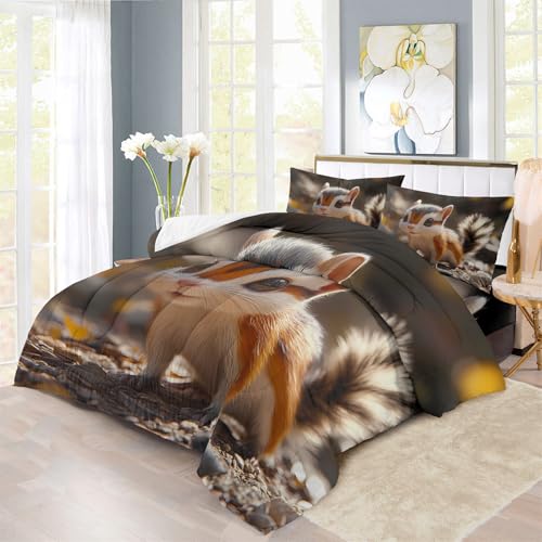 XIICOO Bettwäsche Hand gezeichneten Stil Chipmunks Thema Kinder Bettdecke Set Cute Chipmunks Thema | 1 Bettdecke + 2 Kissenbezüge(3Pcs) Oder Spannbettlaken (4Pcs) (B,DOUBLE-3PCS) von XIICOO