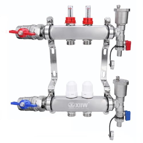 2 Heizkreise | Heizkreisverteiler inkl. 1" Kugelhähne | Fußbodenheizung mit Manueller Entlüfter, Flussmesser Durchflussmesser | Anschlüsse für Eurokonus 3/4 | 30 x 1,5 mm | HKV Verteiler von XIIW
