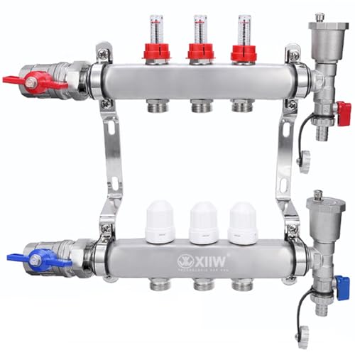 3 Heizkreise | Heizkreisverteiler inkl. 1" Kugelhähne | Fußbodenheizung mit Manueller Entlüfter, Flussmesser Durchflussmesser | Anschlüsse für Eurokonus 3/4 | 30 x 1,5 mm | HKV Verteiler von XIIW