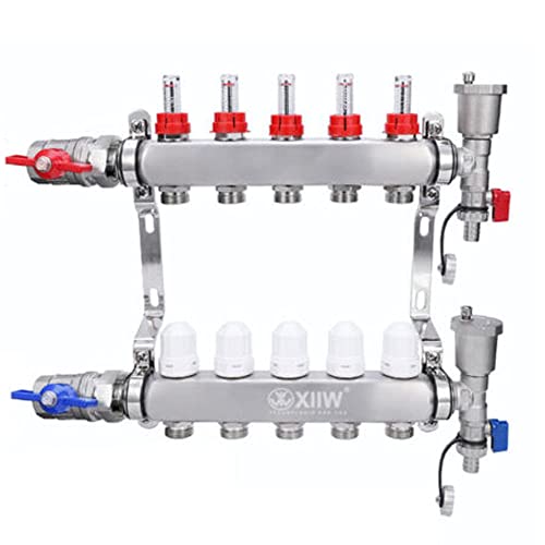 5 Heizkreise | Heizkreisverteiler inkl. 1" Kugelhähne | Fußbodenheizung mit Manueller Entlüfter, Flussmesser Durchflussmesser | Anschlüsse für Eurokonus 3/4 | 30 x 1,5 mm | HKV Verteiler von XIIW