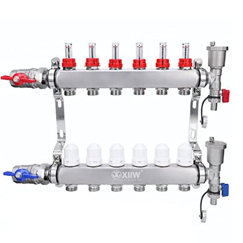 6 Heizkreise | Heizkreisverteiler inkl. 1" Kugelhähne | Fußbodenheizung mit Manueller Entlüfter, Flussmesser Durchflussmesser | Anschlüsse für Eurokonus 3/4 | 30 x 1,5 mm | HKV Verteiler von XIIW