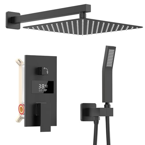 Duschsystem Schwarz Unterputz Duscharmatur Set inkl.30X30cm Kopfbrause, Duschsystem mit Temperatur LCD Display, Regendusche Schwarz, 200mm Handbrause, Messingkörper, 1.5m Brauseschlauch, 37cm Hoche von XIIW