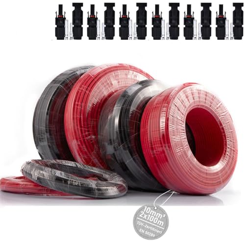 TÜV-Zertifiziert 10mm² 2x100m (Schwarz+Rot) Profi Verlängerungskabel Kupferkabel 7AWG 1800V Solar Kabel Verlängerung Solarleitung beidseitig für Photovoltaik Solaranlage Solarpanel inkl IP67 Stecker von XIIW