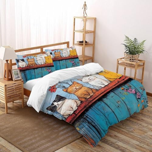 XIKMLSID Anime Katze Bettwäsche 3-Stück-Set,Mikrofaser,3D niedliche Tiere Kissenbezug Mit Reißverschluss,100% Baumwolle King（220x240cm） von XIKMLSID