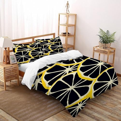 XIKMLSID Black Zitrone 3-teiliges Bettwäsche Früchte Thema 3D Design Weich Antiallergisch Sein Bettbezug Für Schlafzimmer Weich Und Komfortabel,Mit 2 Kissenbezug Double（200x200cm） von XIKMLSID