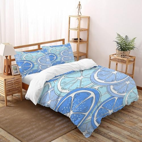 XIKMLSID Blue Zitrone 3-teiliges Set Bettwäsche Früchte Thema 3D Design Junge,Mädchen,Weich Und Komfortabel,Bring 2 Kissenbezüge Mit Super King（260x220cm） von XIKMLSID