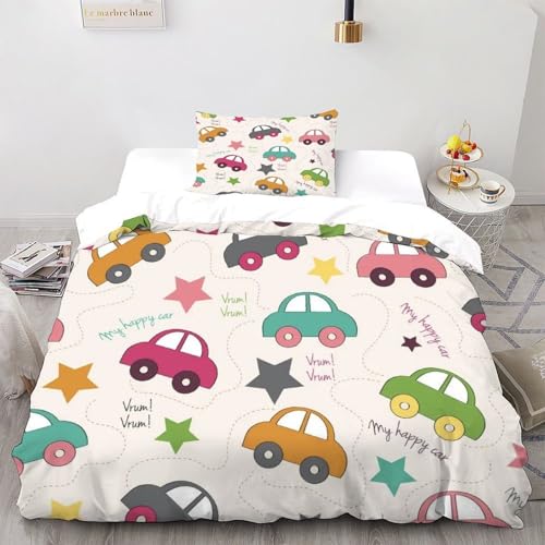 XIKMLSID Buntes Auto 2-teiliges Bettwäsche Kunst Thema 3D Design Kinder Jugend,Mikrofasern Weich Und Komfortabel,100% Baumwolle,Bring 1 Kissenbezüge Mit Single（135x200cm） von XIKMLSID