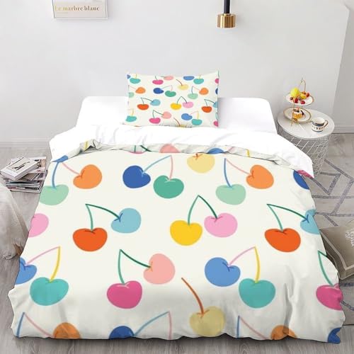 XIKMLSID Farbige Kirsche Bettwäsche 2-Stück-Set,Mikrofaser,3D Früchte Weich Und Komfortabel 100% Baumwolle Für Erwachsene Und Kinder Geeignet Mit 1 Kissenbezug Single（135x200cm） von XIKMLSID