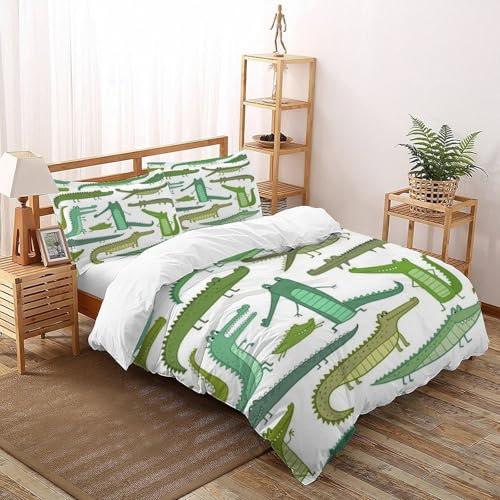 XIKMLSID Grüner Krokodil 3-teiliges Bettwäsche niedliche Tiere Thema 3D Design Weich Antiallergisch Sein Bettbezug Für Schlafzimmer Weich Und Komfortabel,Mit 2 Kissenbezug Super King（260x220cm） von XIKMLSID