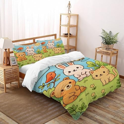 XIKMLSID Katze Kaninchen Bettwäsche 3-Stück-Set,Mikrofaser,3D niedliche Tiere Kissenbezug Mit Reißverschluss,100% Baumwolle King（220x240cm） von XIKMLSID